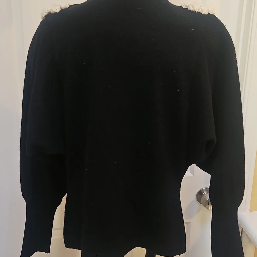 ANNE KLEIN Black Sweater with Cream 3D Flowers and Rhinestone Embellishments